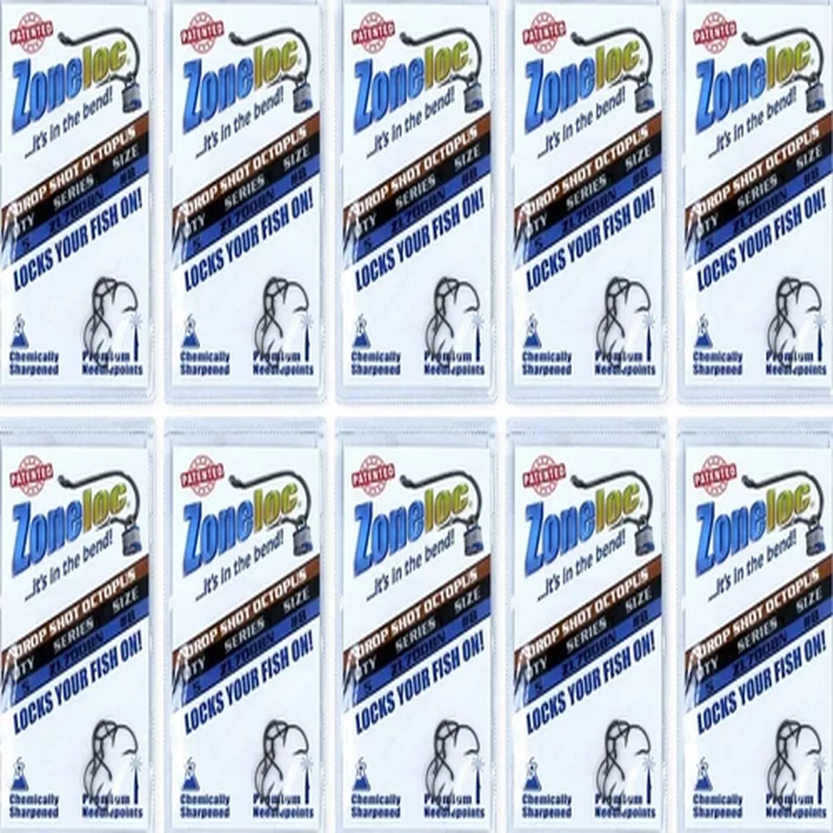 (10) Packs Zoneloc Drop Shot Octopus Fish Hooks Size 8 ZL700BN-8 Brand New