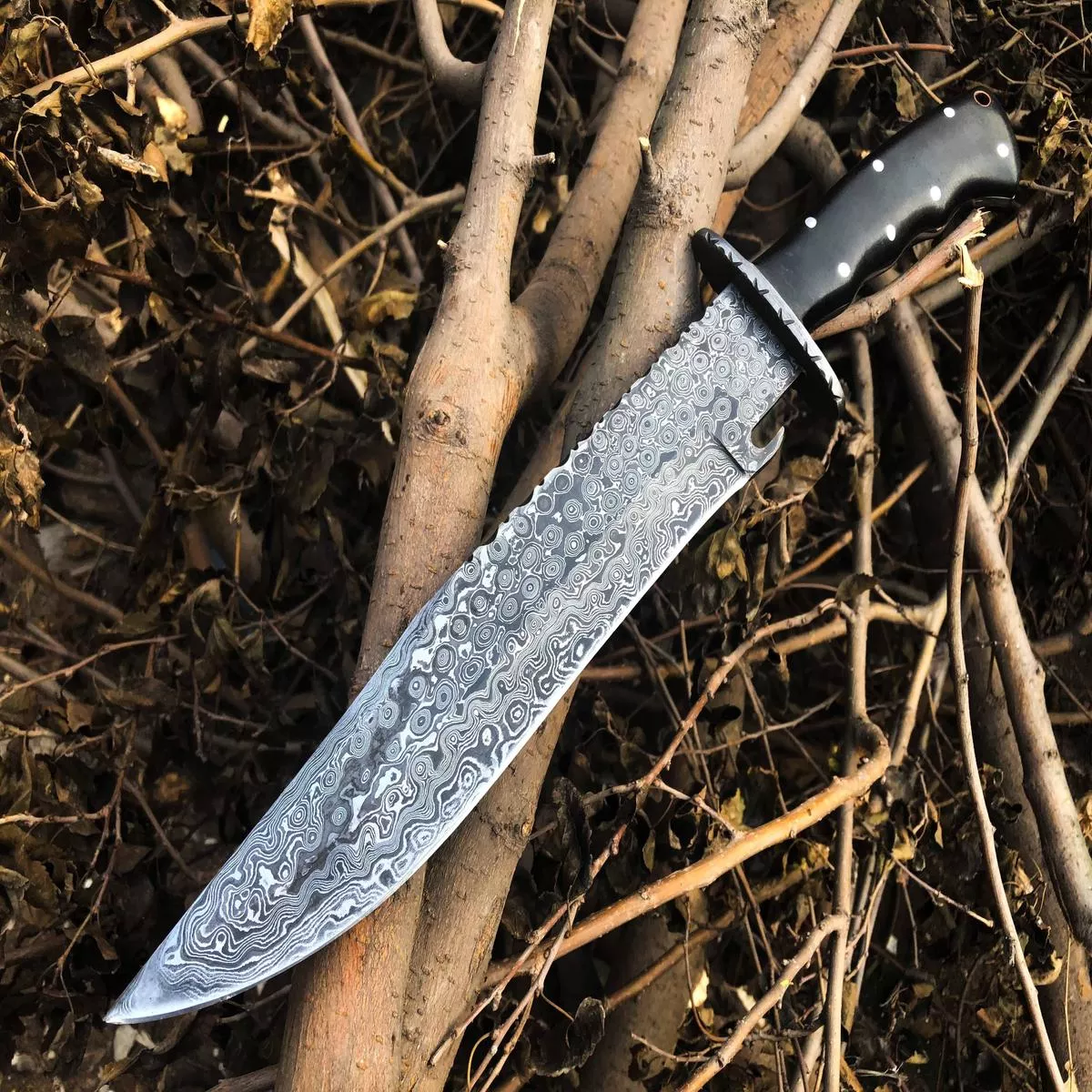 “Best Hunting Big Bowie Knife | Full Tang Raindrop Damascus Blade | Canvas Micarta & Damascus Guard Handle | 17 Inches | Leather Sheath | KBS Knives Store”