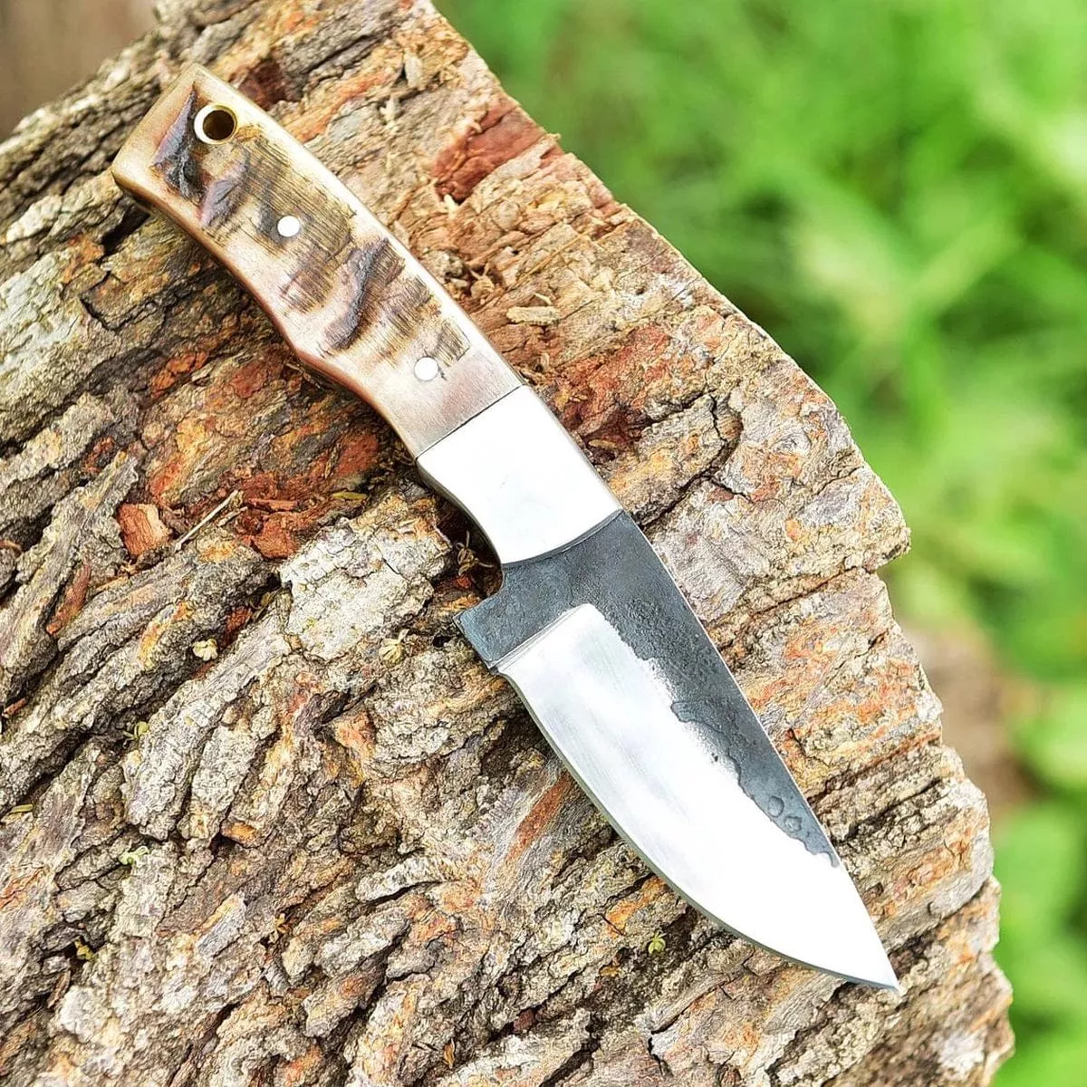 “Custom Handmade 1095 Forged Steel Skinning Knife | Sheep Horn Handle | 7.5 Inches | Leather Sheath | KBS Knives Store”
