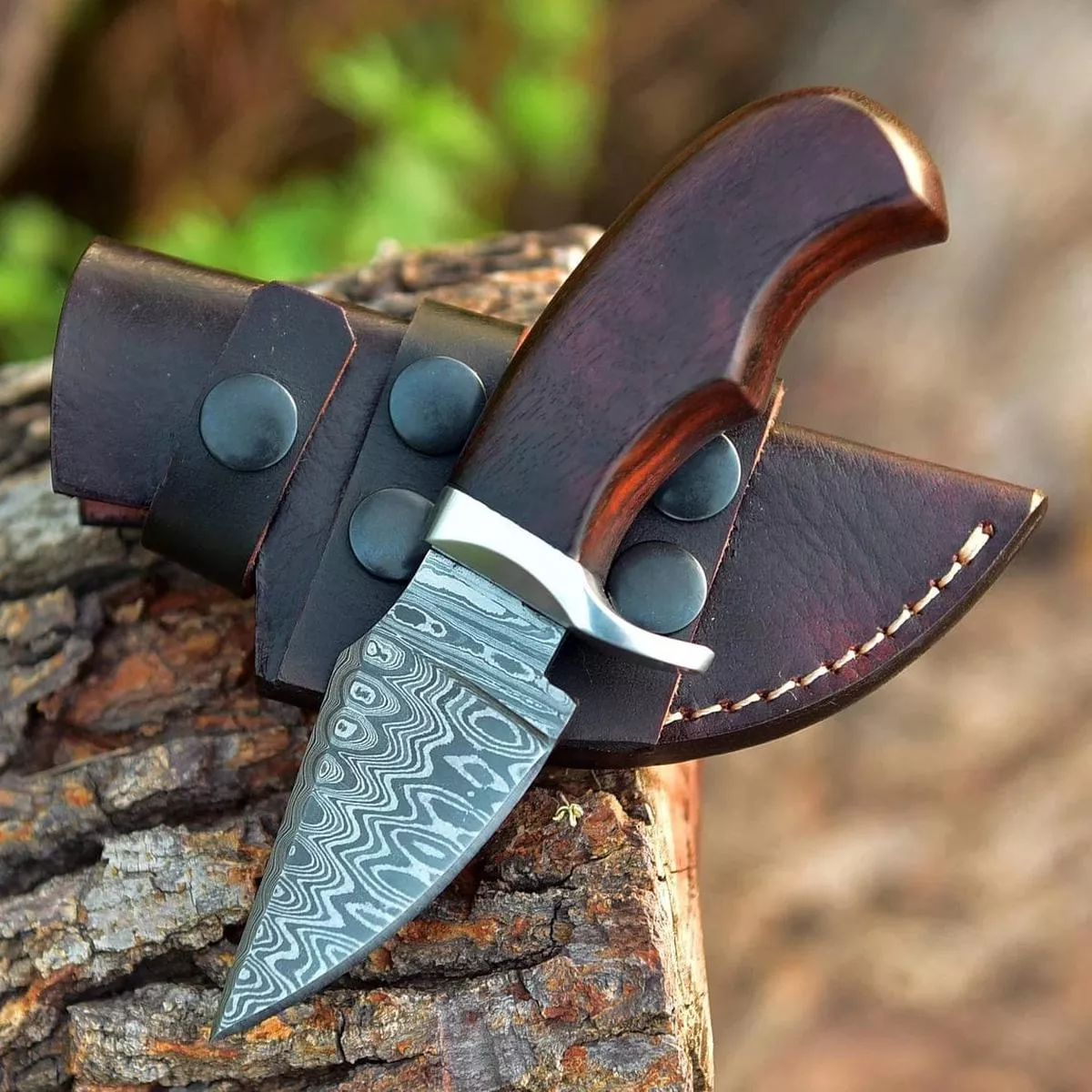 “Custom Handmade Damascus Steel EDC Skinning Knife | Rosewood Handle | 7 Inches | Leather Sheath | KBS Knives Store”