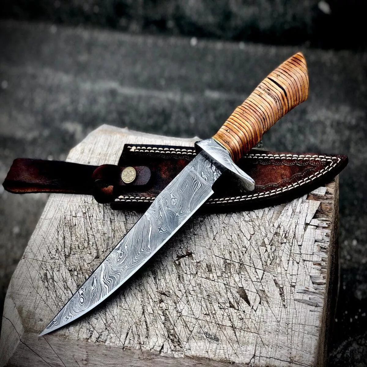 “Custom Handmade Damascus Steel Hunting Bowie Knife | Stacked Leather-Damascus Guard Handle | 12 Inches | Leather Sheath | KBS Knives Store”
