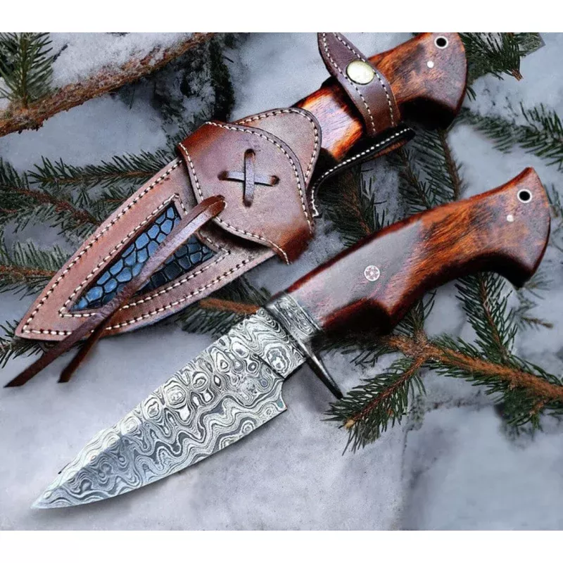 “Custom Handmade Damascus Steel Hunting Camping Knife | Rosewood-Damascus Guard Handle | 9.5 Inches | Leather Sheath | KBS Knives Store”