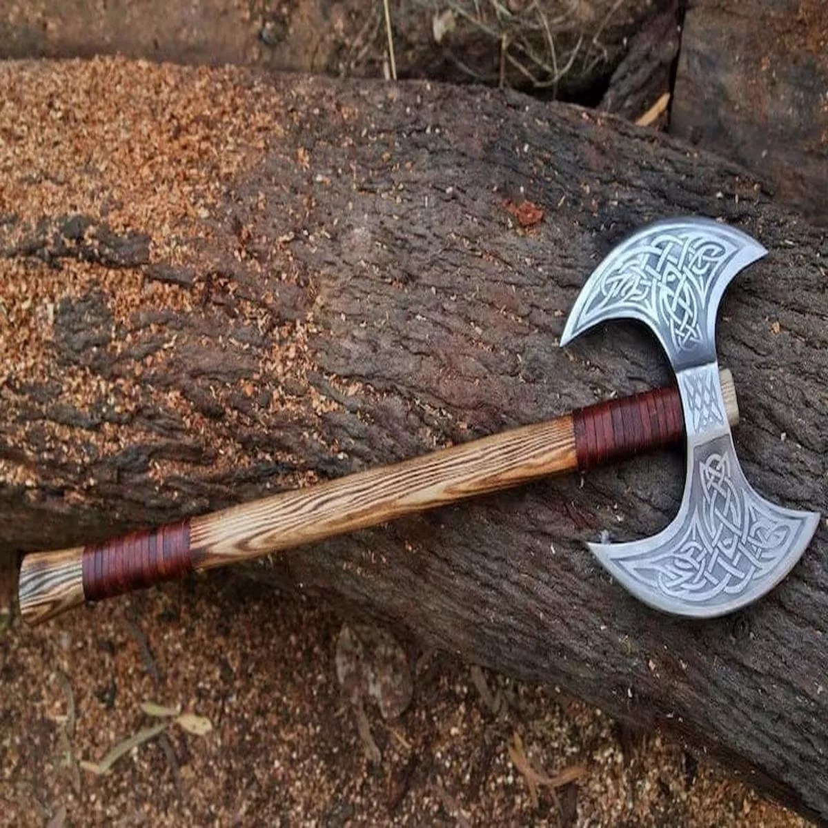 “Custom Handmade High Carbon Engraved Double Head Viking Axe | Ash Wood Handle | Leather Sheath | KBS Knives Store”
