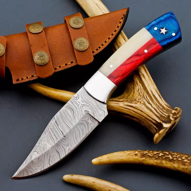 “Custom Handmade Texas Flag Damascus Steel Hunting Knife | Exotic Wood-Bone Texas Flag Handle | 9 Inches | Leather Sheath | KBS Knives Store”
