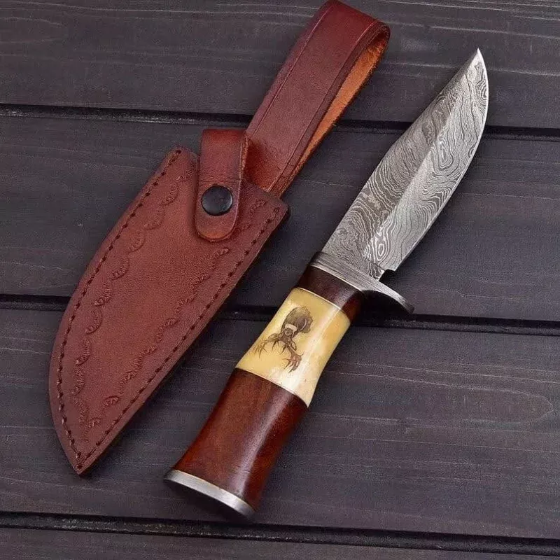 “Exquisite Custom Handmade Damascus Hunting Knife | Engraved Bone-Rose Wood Handle | 10 Inches | Leather Sheath | KBS Knives Store”