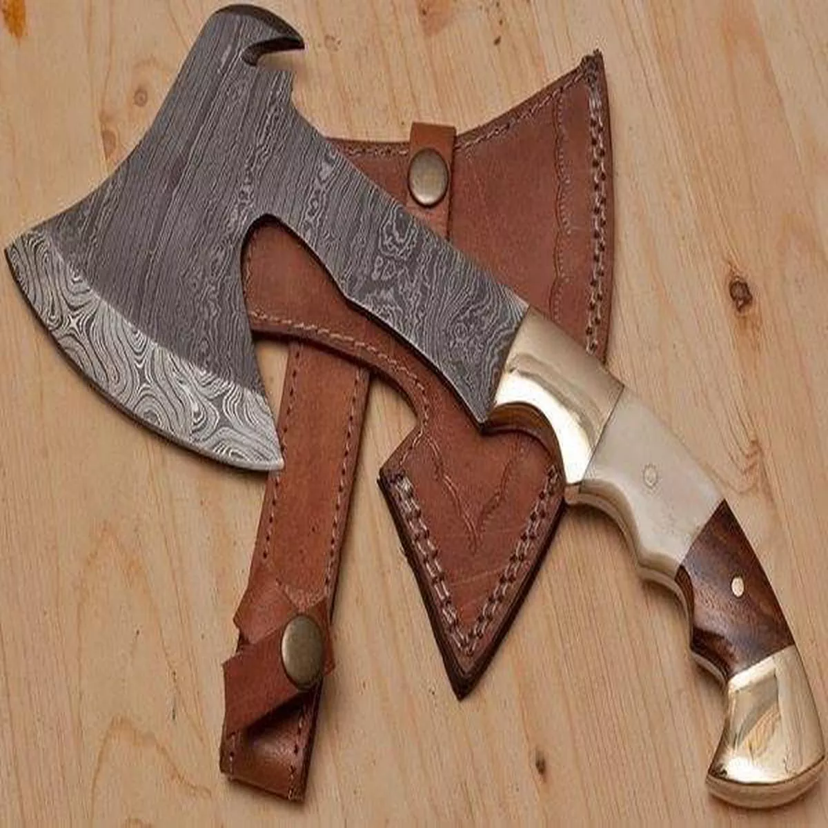 “Full Tang Damascus Steel Handmade Custom Viking EDC Tomahawk Axe with Rosewood, Bone and Brass Bolsters Handle – By KBS Knives Store”
