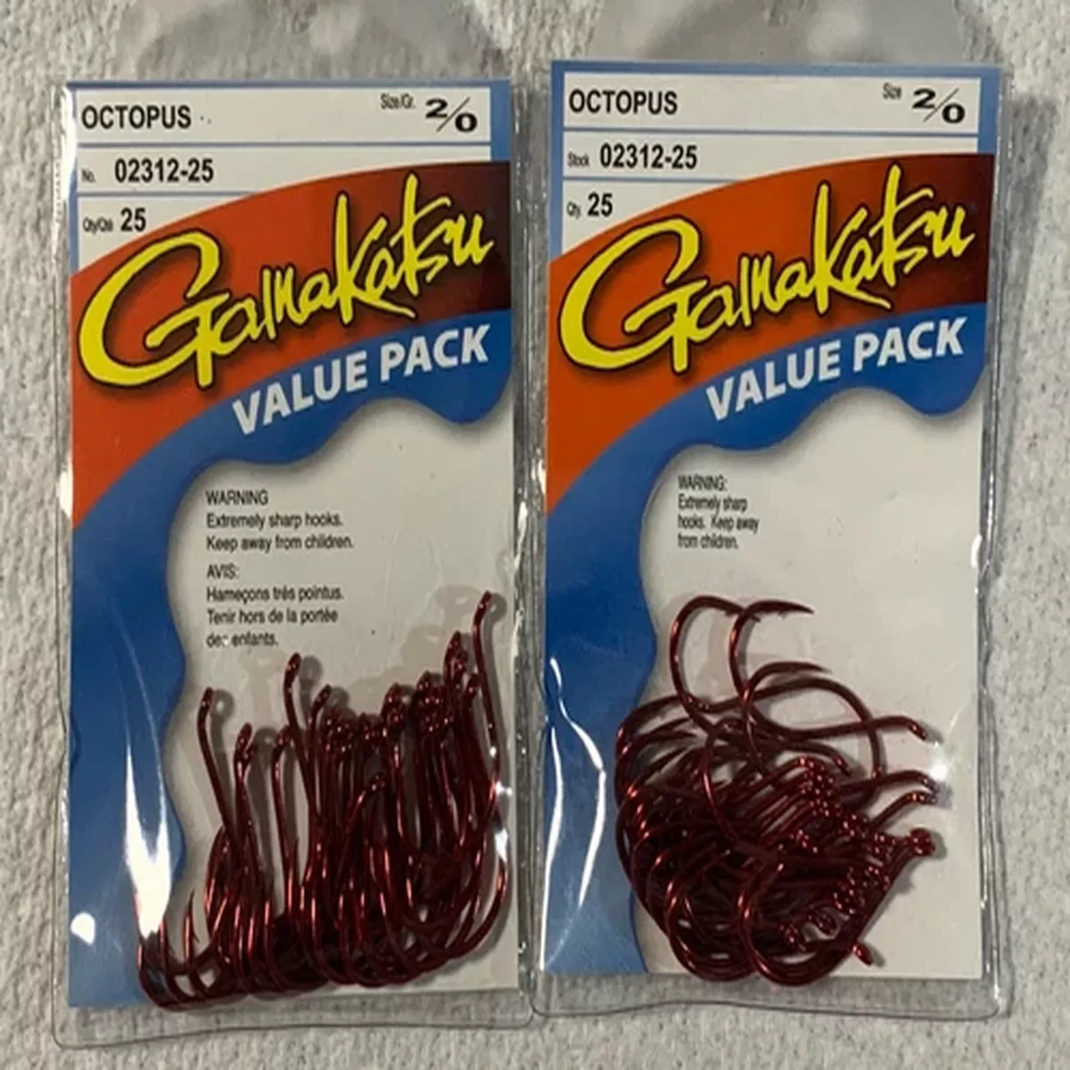 (LOT OF 2) GAMAKATSU OCTOPUS HOOKS 2/0 RED VALUE PACKS.25 PER PACK 50 TOTAL